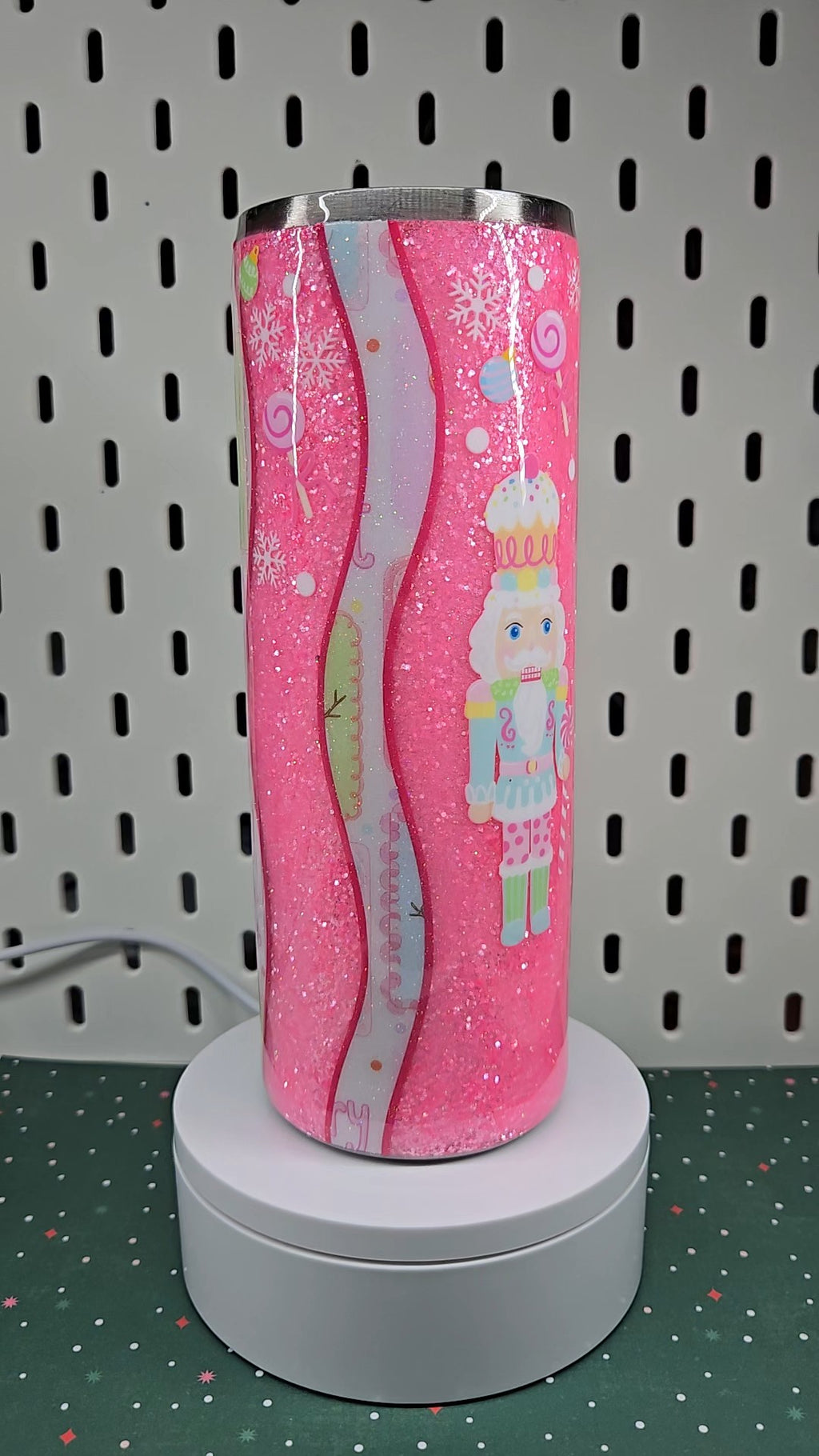 Pink Holiday Cheer Glitter Tumbler | Christmas Gingerbread & Nutcracker Cup | Handmade Epoxy Tumbler | Festive Winter Drinkware