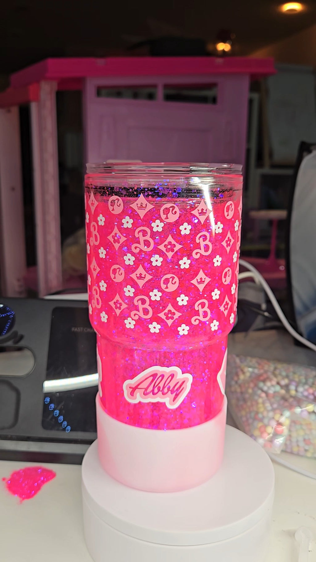 Pink Barbie-Inspired Snow Globe Tumbler | 20oz Hogg Snow Globe Cup | Glam Glitter Tumbler | Personalized Pink Cup