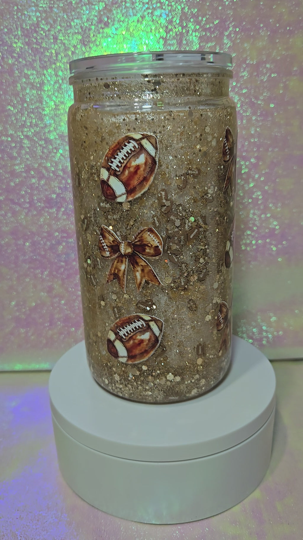 Game Day Snow Globe Tumbler | 16oz Hogg Tumbler | Football Bow Glitter Cup | Gold Glam Game Day Cup | Football Gift